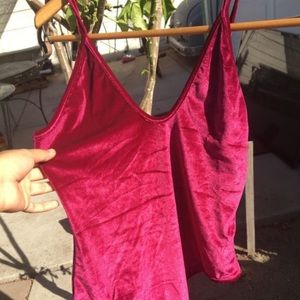 Red wine velvet swimsuit, tucked in shirt